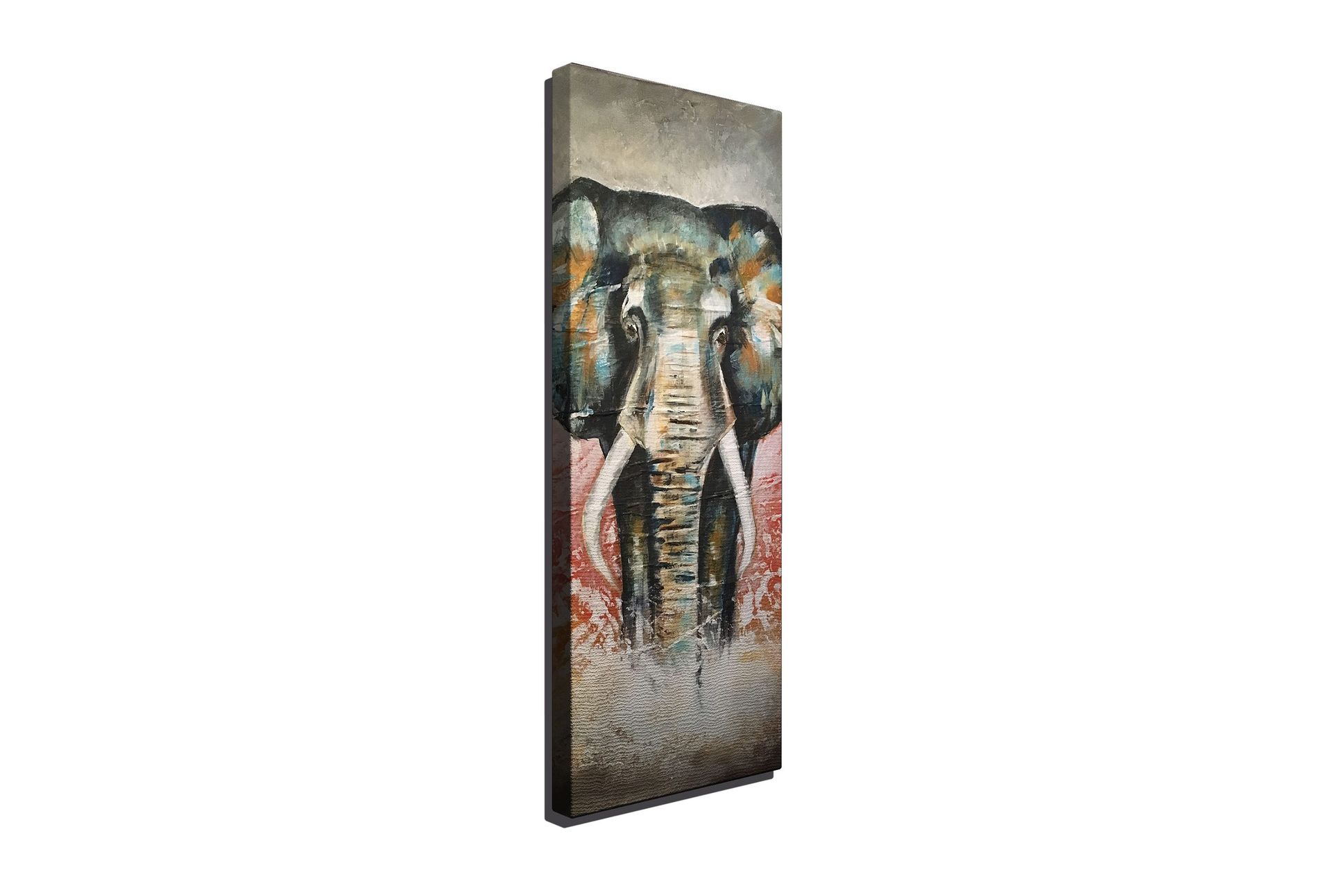 Canvastavla 30x80 cm - Elefant med färgstarka detaljer i bakgrunden - Grön / Orange / Röd