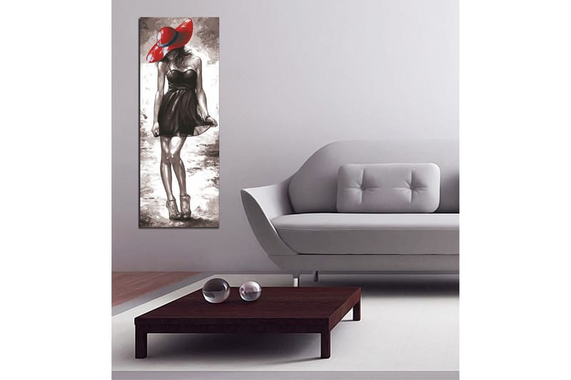 Canvastavla 30x80 cm - Elegant kvinna i svart klänning med röd hatt - Röd / Svart / Grå - Inredning - Tavlor & posters - Canvastavla