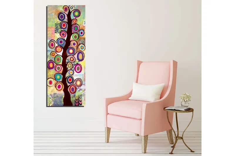 Canvastavla 30x80 cm - Färgglad trädkonst med cirkulära bladverk - Mörkbrun / Ceruleanblå / Lila - Inredning - Tavlor & posters - Canvastavla