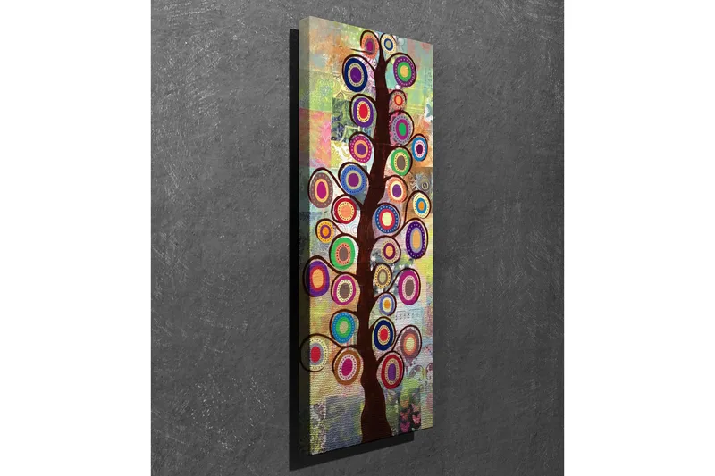 Canvastavla 30x80 cm - Färgglad trädkonst med cirkulära bladverk - Mörkbrun / Ceruleanblå / Lila - Inredning - Tavlor & posters - Canvastavla