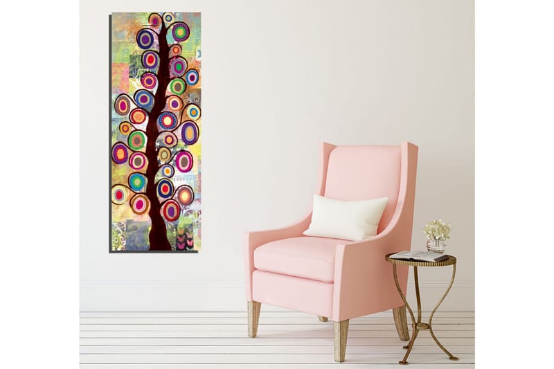 Canvastavla 30x80 cm - Färgglad trädkonst med cirkulära bladverk - Mörkbrun / Ceruleanblå / Lila - Inredning - Tavlor & posters - Canvastavla