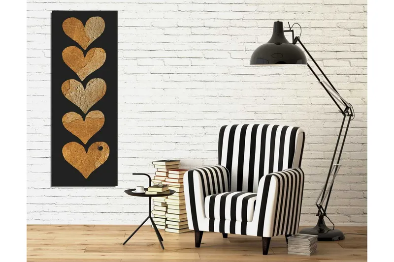 Canvastavla 30x80 cm - Fem hjärtan i olika nyanser av guld mot en svart bakgrund - Guld / Svart - Inredning - Tavlor & posters - Canvastavla