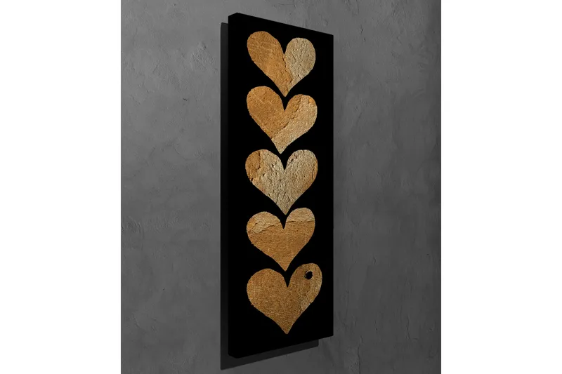 Canvastavla 30x80 cm - Fem hjärtan i olika nyanser av guld mot en svart bakgrund - Guld / Svart - Inredning - Tavlor & posters - Canvastavla