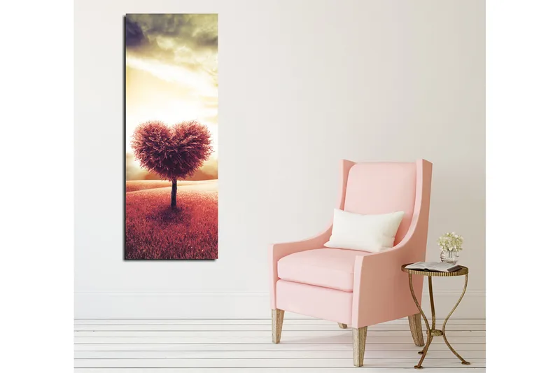 Canvastavla 30x80 cm - Hjärtformad trädkrona på en kulle i solnedgången - Mörkröd / Beige / Ljusgrå - Inredning - Tavlor & posters - Canvastavla