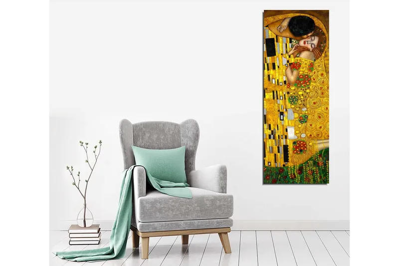 Canvastavla 30x80 cm - Känslosam omfamning mellan två älskande - Guld / Grön / Röd - Inredning - Tavlor & posters - Canvastavla