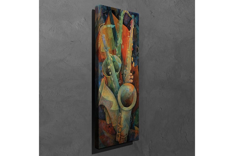 Canvastavla 30x80 cm - Komposition av musikinstrument i en abstrakt stil - Grön / Orange / Blå - Inredning - Tavlor & posters - Canvastavla
