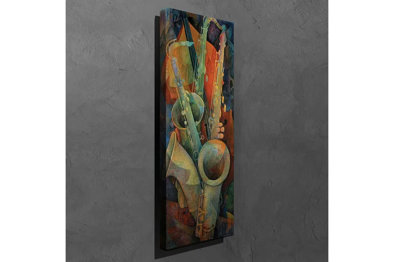 Canvastavla 30x80 cm - Komposition av musikinstrument i en abstrakt stil - Grön / Orange / Blå - Inredning - Tavlor & posters - Canvastavla