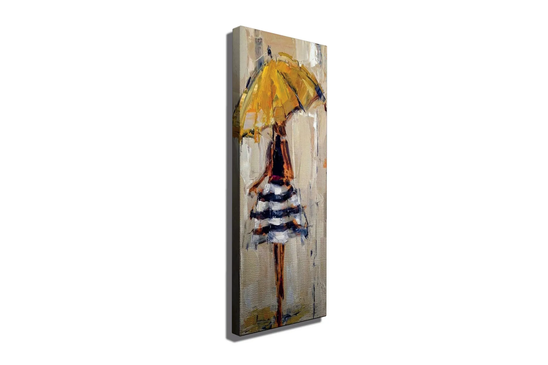 Canvastavla 30x80 cm - Kvinna med gul paraply och randig klänning - Gul / Svart / Vit