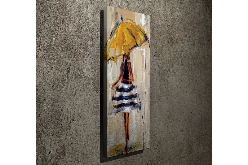 Canvastavla 30x80 cm - Kvinna med gul paraply och randig klänning - Gul / Svart / Vit - Inredning - Tavlor & posters - Canvastavla