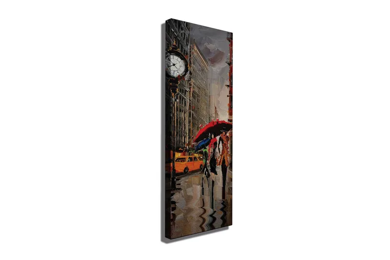 Canvastavla 30x80 cm - Livlig stadsscen med människor som går under paraplyer i regnet - Röd / Gul / Grå - Inredning - Tavlor & posters - Canvastavla