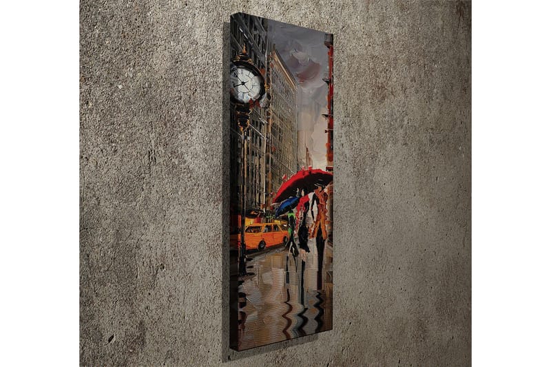 Canvastavla 30x80 cm - Livlig stadsscen med människor som går under paraplyer i regnet - Röd / Gul / Grå - Inredning - Tavlor & posters - Canvastavla