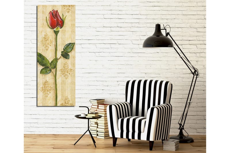 Canvastavla 30x80 cm - Röd ros med gröna blad på en ljus bakgrund - Röd / Grön / Beige - Inredning - Tavlor & posters - Canvastavla