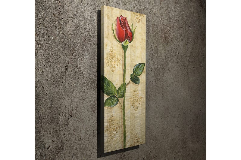 Canvastavla 30x80 cm - Röd ros med gröna blad på en ljus bakgrund - Röd / Grön / Beige - Inredning - Tavlor & posters - Canvastavla