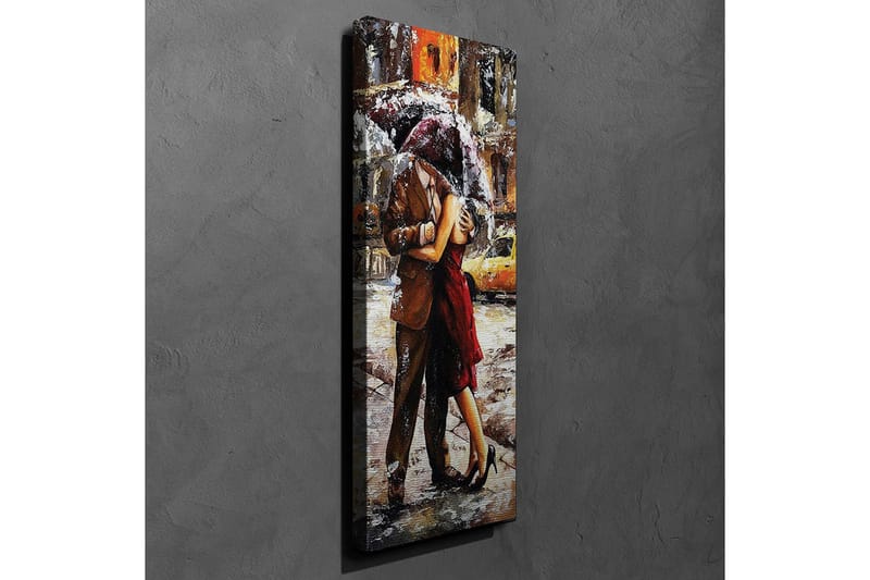 Canvastavla 30x80 cm - Romantisk dans under ett paraply i regnet - Röd / Brun / Grå - Inredning - Tavlor & posters - Canvastavla