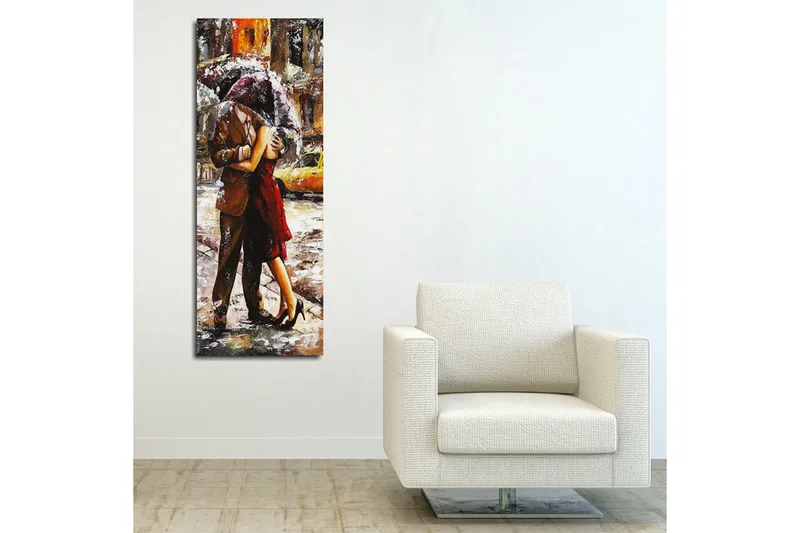 Canvastavla 30x80 cm - Romantisk dans under ett paraply i regnet - Röd / Brun / Grå - Inredning - Tavlor & posters - Canvastavla