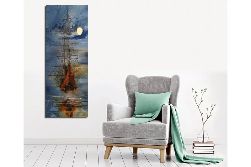 Canvastavla 30x80 cm - Segelbåt på en spegelblanka sjö under en fullmåne - Mörkblå / Orange / Vit - Inredning - Tavlor & posters - Canvastavla