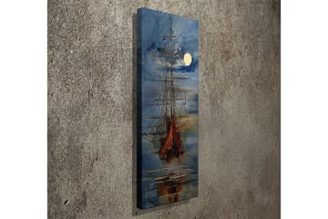 Canvastavla 30x80 cm - Segelbåt på en spegelblanka sjö under en fullmåne - Mörkblå / Orange / Vit - Inredning - Tavlor & posters - Canvastavla
