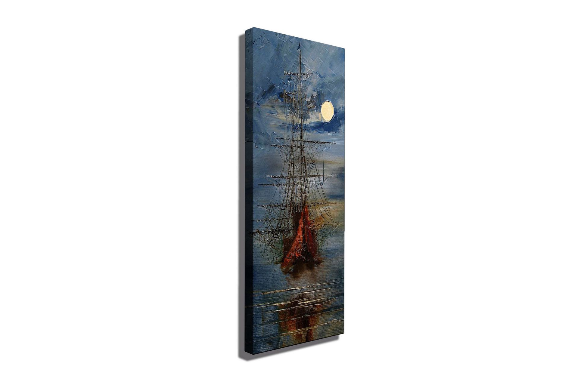 Canvastavla 30x80 cm - Segelbåt på en spegelblanka sjö under en fullmåne - Mörkblå / Orange / Vit