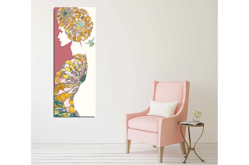 Canvastavla 30x80 cm - Silhuett av en kvinna med blommor som frisyr - Rosa / Gul / Grön - Inredning - Tavlor & posters - Canvastavla