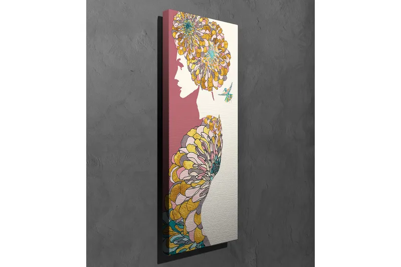 Canvastavla 30x80 cm - Silhuett av en kvinna med blommor som frisyr - Rosa / Gul / Grön - Inredning - Tavlor & posters - Canvastavla