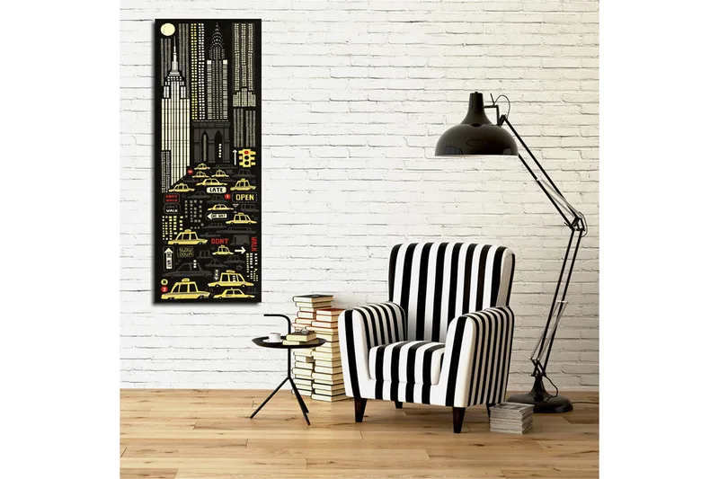 Canvastavla 30x80 cm - Stadsbild med gula taxibilar och skyskrapor i en nattlig miljö - Svart / Gul / Vit - Inredning - Tavlor & posters - Canvastavla