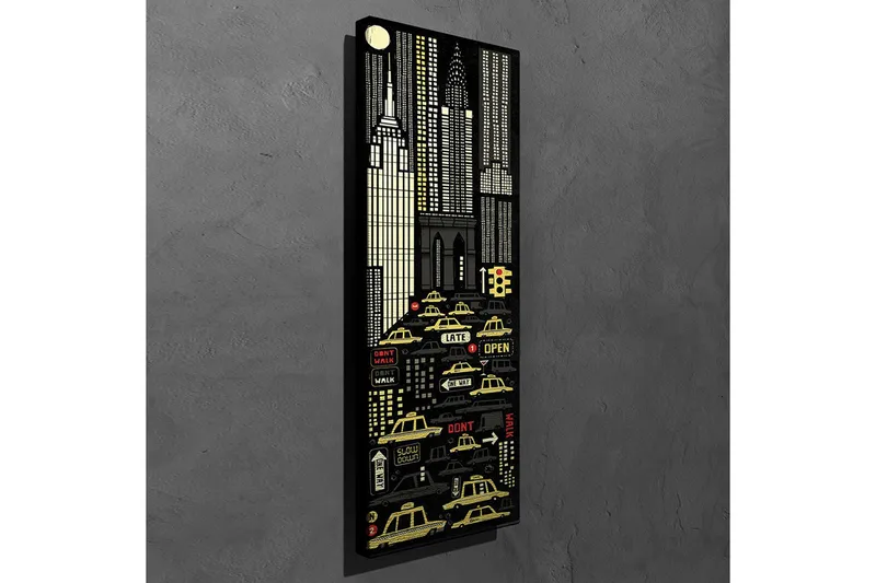 Canvastavla 30x80 cm - Stadsbild med gula taxibilar och skyskrapor i en nattlig miljö - Svart / Gul / Vit - Inredning - Tavlor & posters - Canvastavla