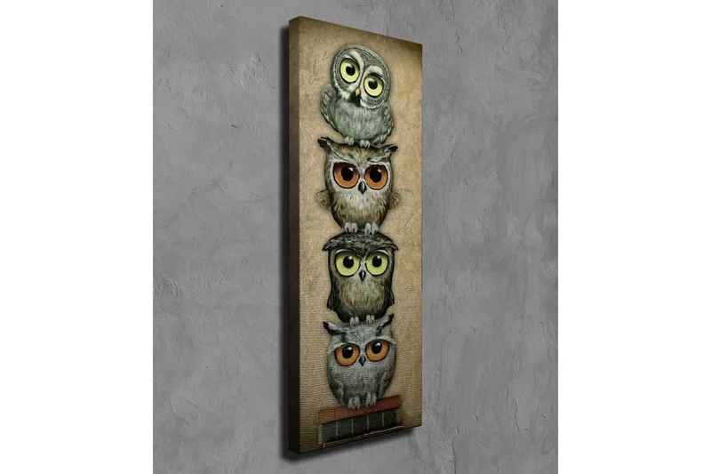 Canvastavla 30x80 cm - Staplade ugglor med olika uttryck och färger - Grå / Brun / Gul - Inredning - Tavlor & posters - Canvastavla