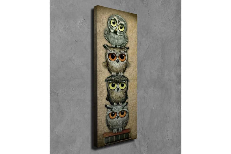 Canvastavla 30x80 cm - Staplade ugglor med olika uttryck och färger - Grå / Brun / Gul - Inredning - Tavlor & posters - Canvastavla