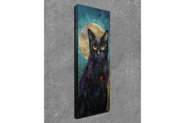 Canvastavla 30x80 cm - Svart katt med gult hjärta och en gyllene halvmåne i bakgrunden - Svart / Gult / Turkost - Inredning - Tavlor & posters - Canvastavla