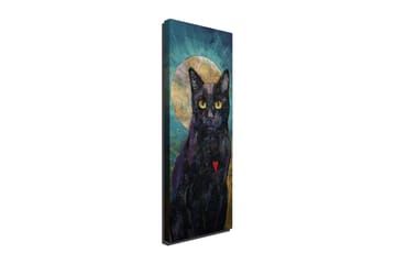 Canvastavla 30x80 cm - Svart katt med gult hjärta och en gyllene halvmåne i bakgrunden - Svart / Gult / Turkost - Inredning - Tavlor & posters - Canvastavla