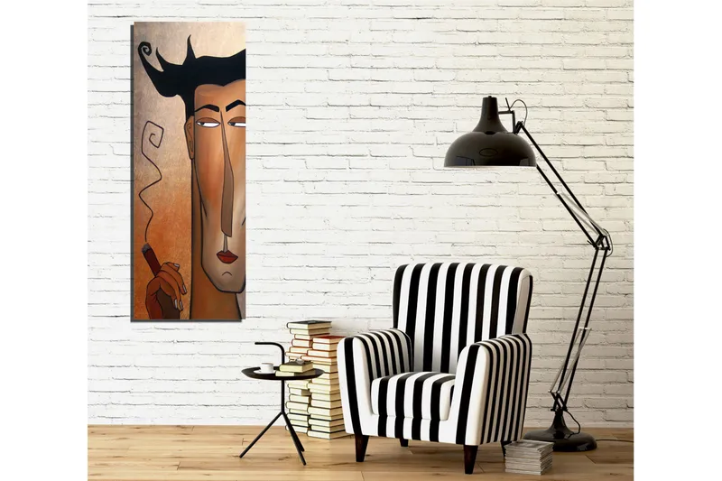 Canvastavla 30x80 cm - Porträtt av en man med cigarr och stiliserat hår - Mörkbrun / Beige / Svart - Inredning - Tavlor & posters - Canvastavla