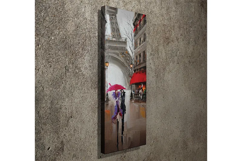 Canvastavla 30x80 cm - Pariserbilar under regn med färgglada paraplyer - Röd / Lila / Grå - Inredning - Tavlor & posters - Canvastavla