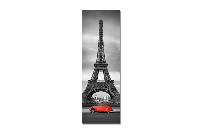 Canvastavla 30x90 cm - Röd bil framför Eiffeltornet i svartvitt - Röd / Svart / Grå - Inredning - Tavlor & posters - Canvastavla