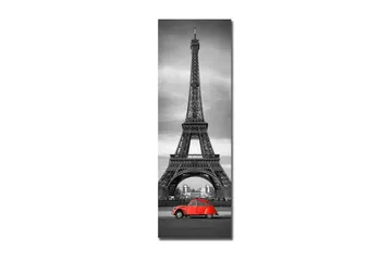 Canvastavla 30x90 cm - Röd bil framför Eiffeltornet i svartvitt - Röd / Svart / Grå - Inredning - Tavlor & posters - Canvastavla