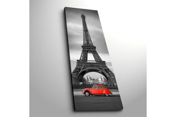 Canvastavla 30x90 cm - Röd bil framför Eiffeltornet i svartvitt - Röd / Svart / Grå - Inredning - Tavlor & posters - Canvastavla