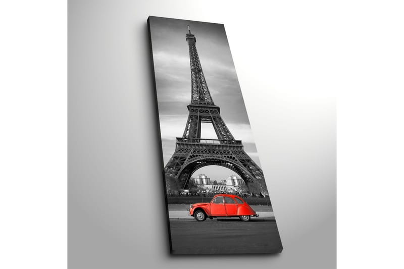 Canvastavla 30x90 cm - Röd bil framför Eiffeltornet i svartvitt - Röd / Svart / Grå - Inredning - Tavlor & posters - Canvastavla