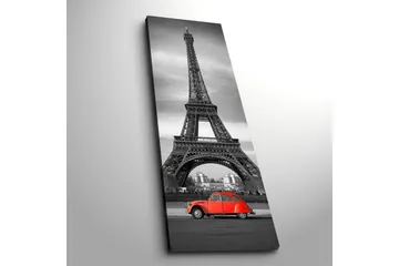 Canvastavla 30x90 cm - Röd bil framför Eiffeltornet i svartvitt - Röd / Svart / Grå - Inredning - Tavlor & posters - Canvastavla