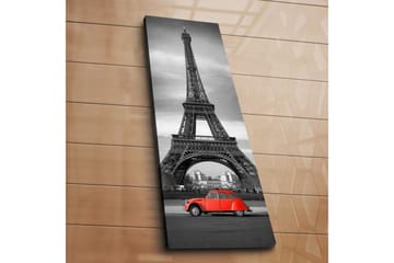 Canvastavla 30x90 cm - Röd bil framför Eiffeltornet i svartvitt - Röd / Svart / Grå - Inredning - Tavlor & posters - Canvastavla