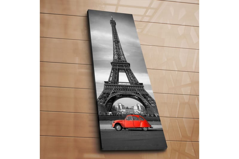 Canvastavla 30x90 cm - Röd bil framför Eiffeltornet i svartvitt - Röd / Svart / Grå - Inredning - Tavlor & posters - Canvastavla