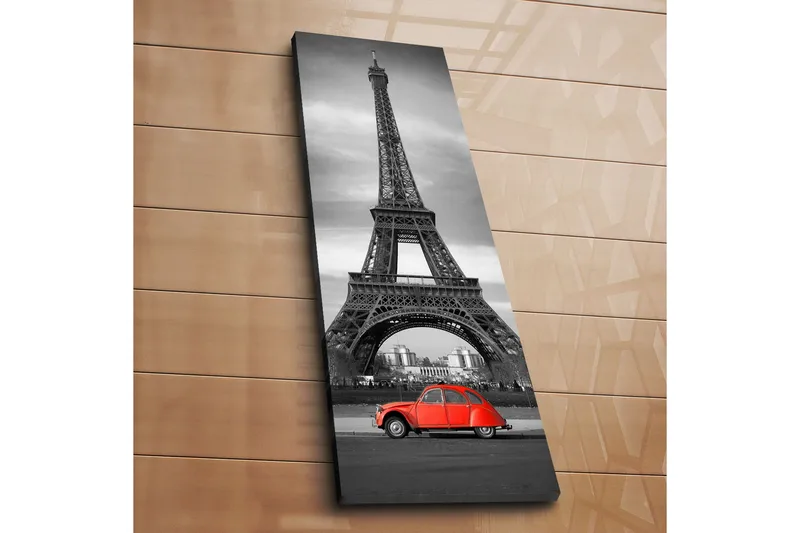 Canvastavla 30x90 cm - Röd bil framför Eiffeltornet i svartvitt - Röd / Svart / Grå - Inredning - Tavlor & posters - Canvastavla