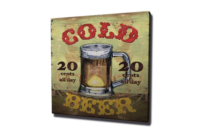 Canvastavla 45x45 cm - Ölkrus med texten Cold Beer och prisinformation, Grön / Brun / Röd