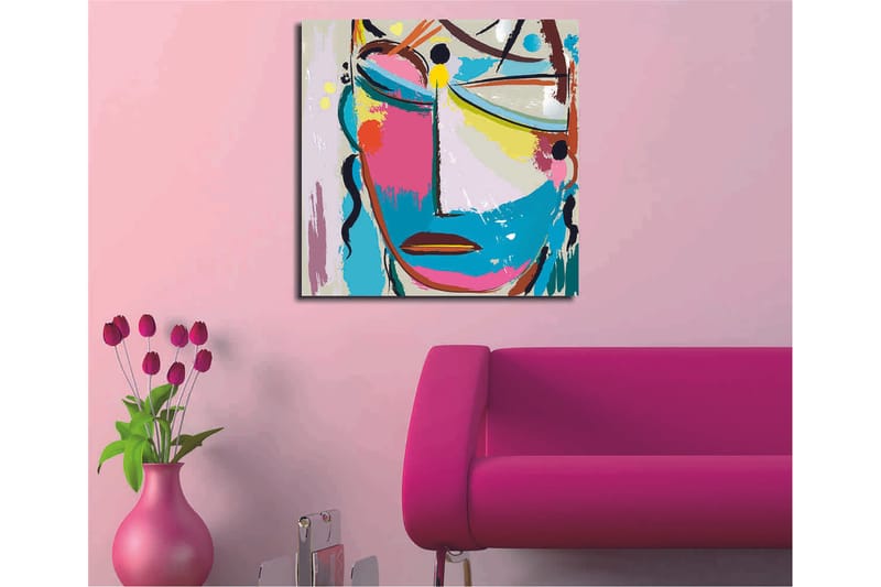 Canvastavla 45x45 cm - Abstrakt ansikte med färgglada inslag - Blå / Rosa / Gul - Inredning - Tavlor & posters - Canvastavla