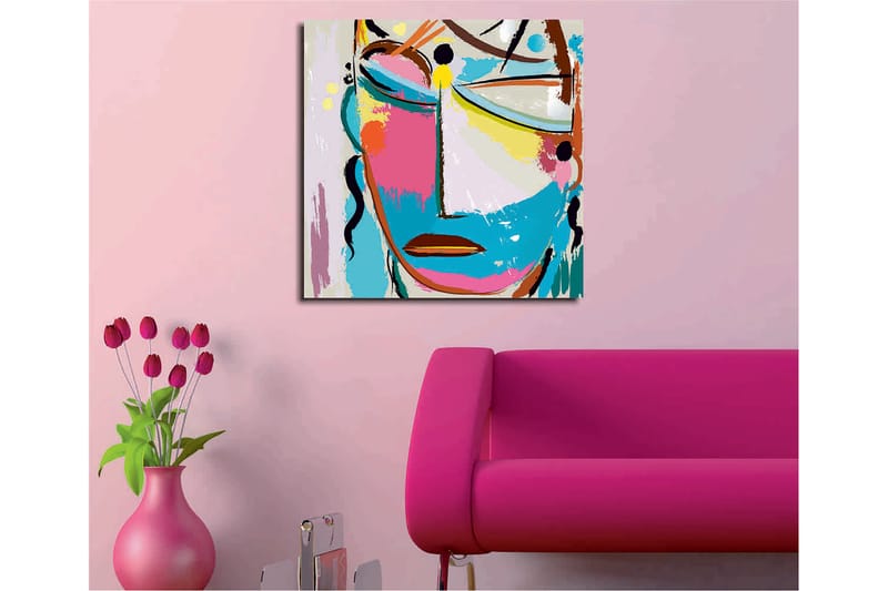 Canvastavla 45x45 cm - Abstrakt ansikte med färgglada inslag - Blå / Rosa / Gul - Inredning - Tavlor & posters - Canvastavla