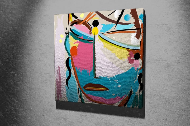 Canvastavla 45x45 cm - Abstrakt ansikte med färgglada inslag - Blå / Rosa / Gul - Inredning - Tavlor & posters - Canvastavla