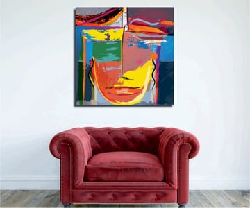 Canvastavla 45x45 cm - Abstrakt ansikte med starka färger och geometriska former - Gul / Grön / Blå - Inredning - Tavlor & posters - Canvastavla