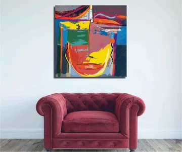 Canvastavla 45x45 cm - Abstrakt ansikte med starka färger och geometriska former - Gul / Grön / Blå - Inredning - Tavlor & posters - Canvastavla