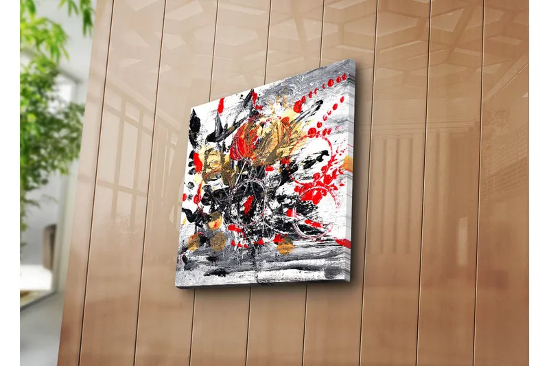 Canvastavla 45x45 cm - Abstrakt komposition med blommor och färgstarka inslag - Röd / Svart / Guld - Inredning - Tavlor & posters - Canvastavla