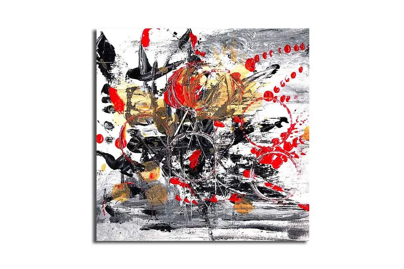 Canvastavla 45x45 cm - Abstrakt komposition med blommor och färgstarka inslag - Röd / Svart / Guld - Inredning - Tavlor & posters - Canvastavla