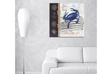 Canvastavla 45x45 cm - Blå krabba på en fiskebur med nautiska detaljer - Blå / Beige / Mörkblå - Inredning - Tavlor & posters - Canvastavla