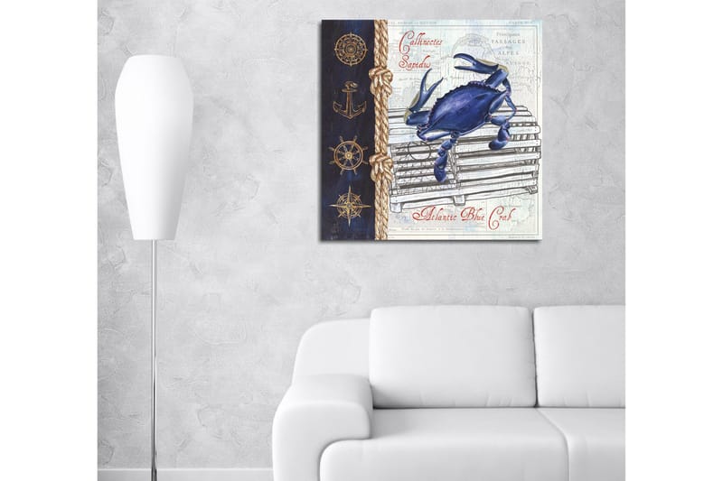 Canvastavla 45x45 cm - Blå krabba på en fiskebur med nautiska detaljer - Blå / Beige / Mörkblå - Inredning - Tavlor & posters - Canvastavla